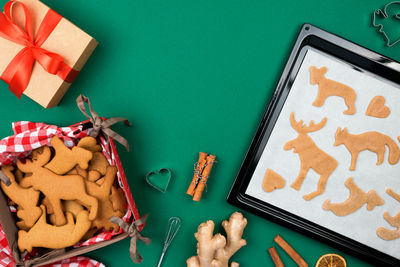 High angle view of cookies on table