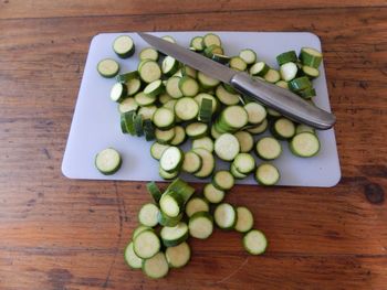 High angle view of chopped vegetables on table