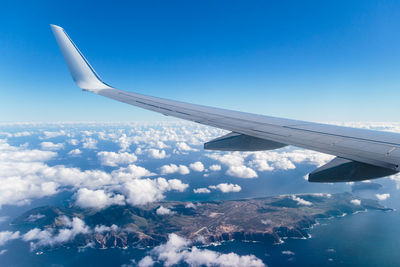 Aerial view of airplane flying in sky