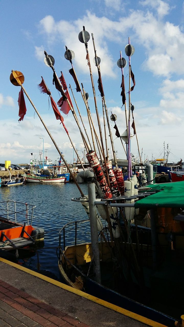 VIEW OF HARBOR AGAINST CLOUDY SKY