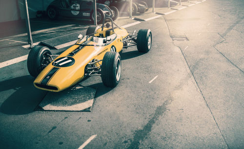 High angle view of toy car on road