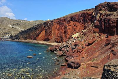 Scenic view of sea and mountains against sky