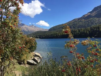 Scenic view of lake by mountains against sky