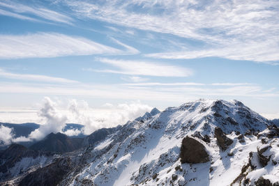 Scenic view of snowcapped mountains against sky