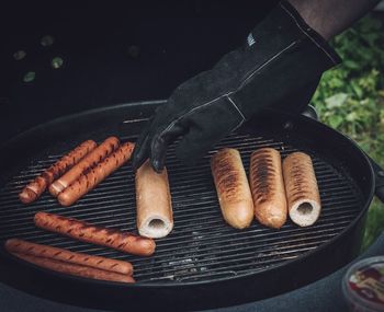 High angle view of meat on barbecue