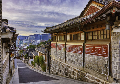 View of street amidst buildings against sky