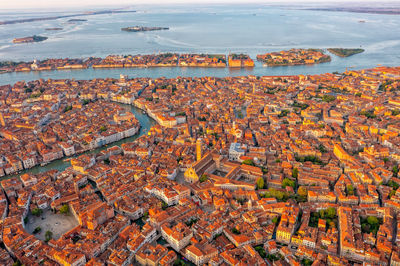 Aerial shot of venice, santa croce, italy. tiled roofs and streets. historical buildings. tourism
