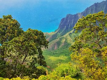 Scenic view of tree mountains against sky