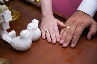 High angle view of people on table