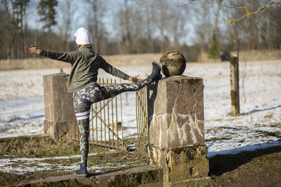 Yoga outdoor. happy woman doing yoga exercises. yoga meditation in nature. 