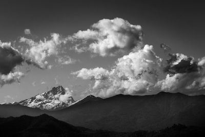 Scenic view of mountains against cloudy sky