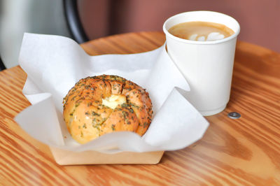 High angle view of breakfast served on table