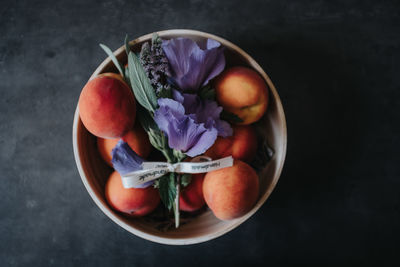 High angle view of fruits in bowl on table