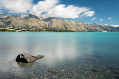 Scenic view of lake and mountains against sky