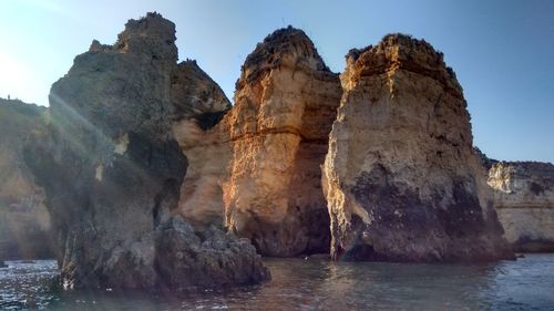 Rock formations by sea against sky