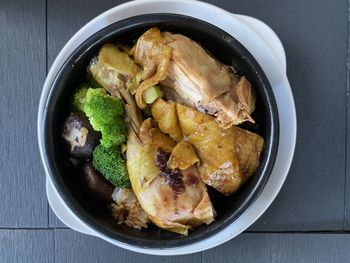 High angle view of meal served on table