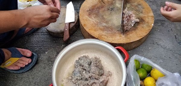 High angle view of people preparing food