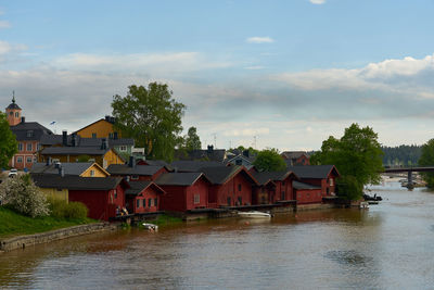 Houses by lake against sky