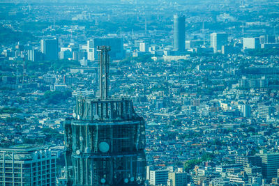 High angle view of modern buildings in city