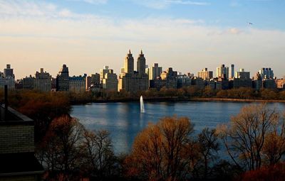 City skyline at sunset