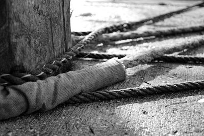 Close-up of rope tied on metal wall