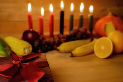 Close-up of illuminated candles on table