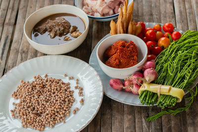 High angle view of fruits in bowl on table