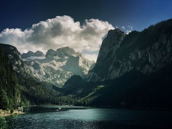 Scenic view of lake and mountains against sky