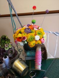 High angle view of multi colored candies on table