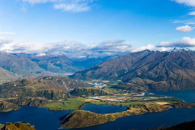 Scenic view of lake and mountains against sky