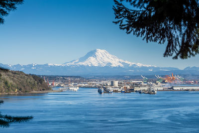 Scenic view of sea and snowcapped mountains against clear blue sky