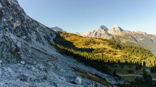 Scenic view of snowcapped mountains against clear sky