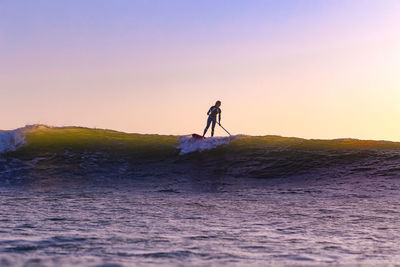 Female sup surfer at sunset time