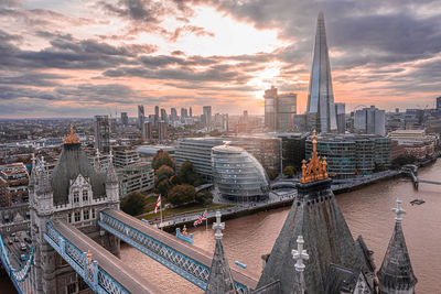 Aerial panoramic sunset view of london tower bridge and the river thames