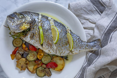 High angle view of fish served in plate