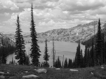 Scenic view of lake against cloudy sky