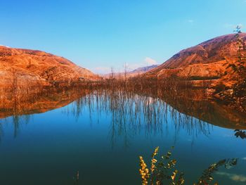 Scenic view of lake and mountains against clear blue sky