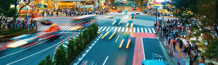 Aerial view of light trails on city street