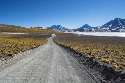 Road leading towards mountains against clear sky