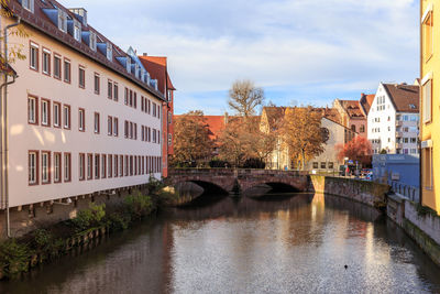 Canal in city against sky