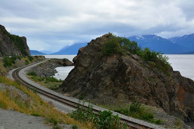 Railroad track by rock formation against cloudy sky