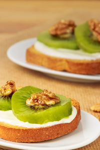 Close-up of dessert served in plate on table