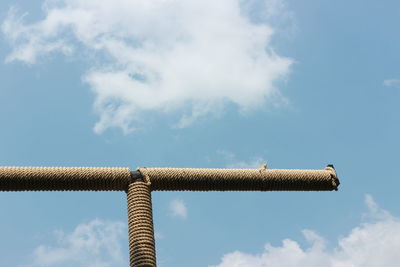 Low angle view of cross on roof against sky