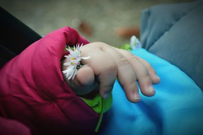 Cropped hand of baby holding flower