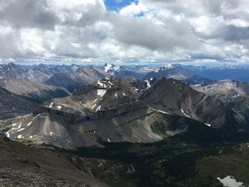 Scenic view of mountains against cloudy sky