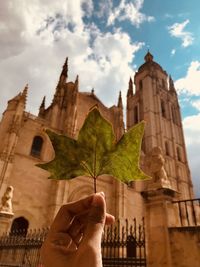 Cropped hand of person holding maple leaf against building