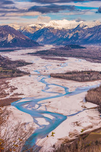 Scenic view of snowcapped mountains against sky