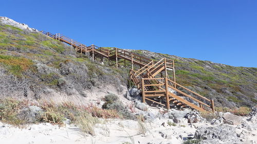 Abandoned built structure on land against clear blue sky