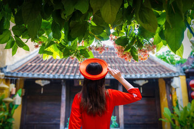 Rear view of woman with arms outstretched standing against trees