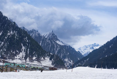 Scenic view of snowcapped mountains against sky